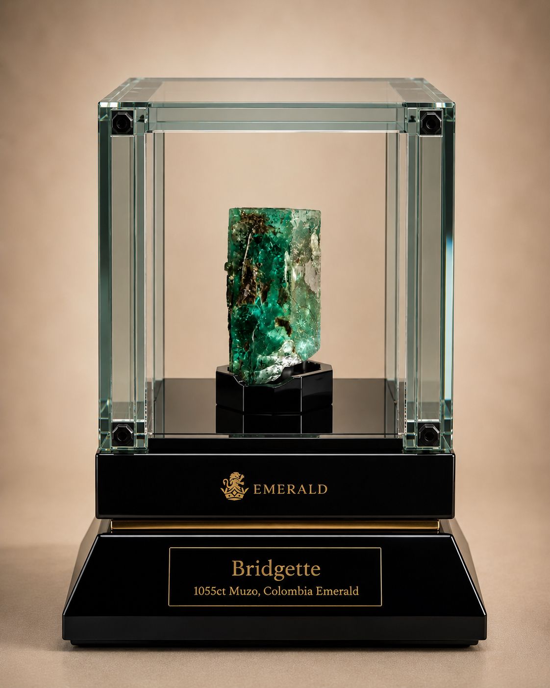 The Bridgette Emerald in museum display case